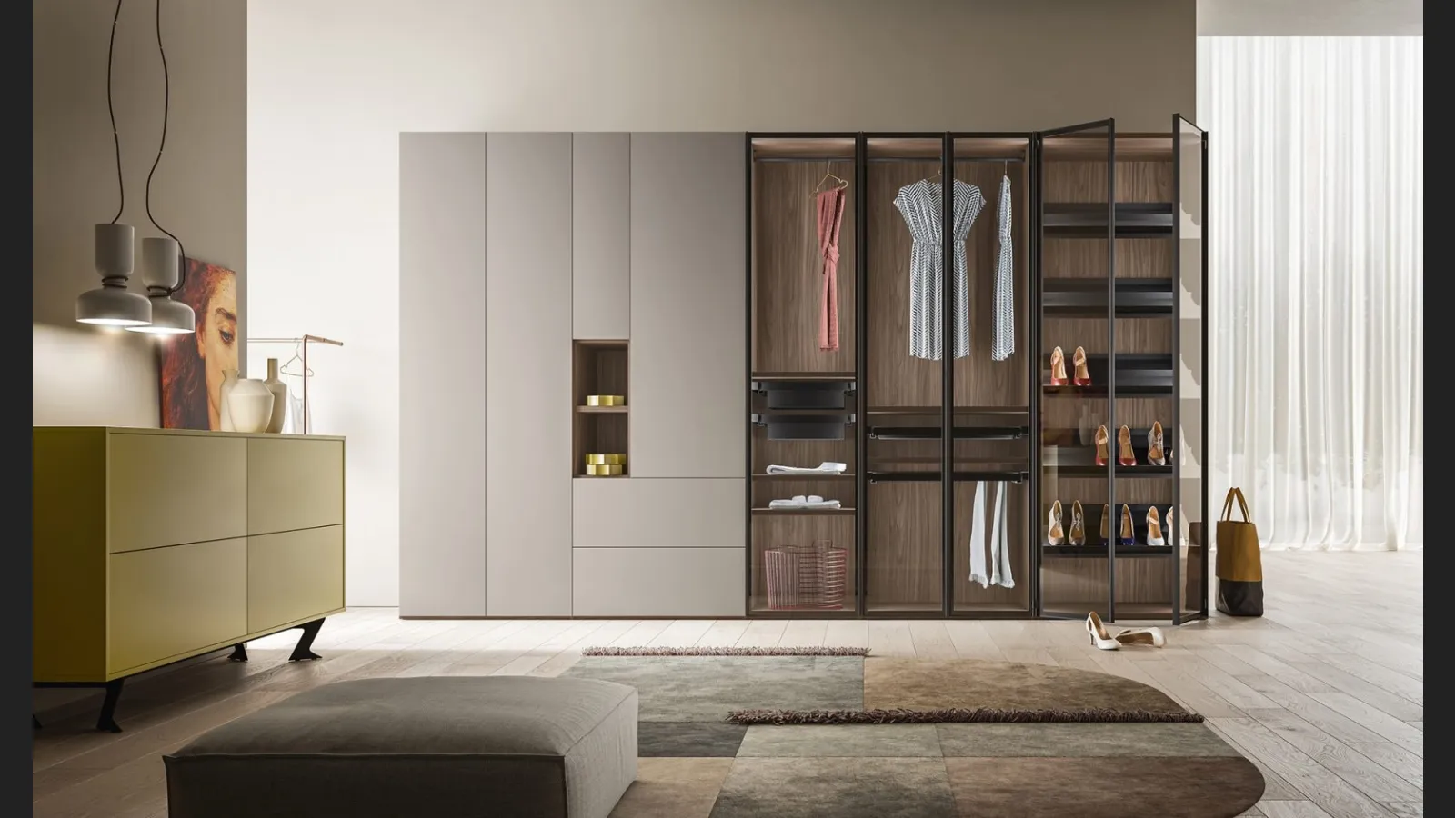 Armadio Battente Glix ZN01 finitura Noce, Nuvola e Vetro di Marka Total Living