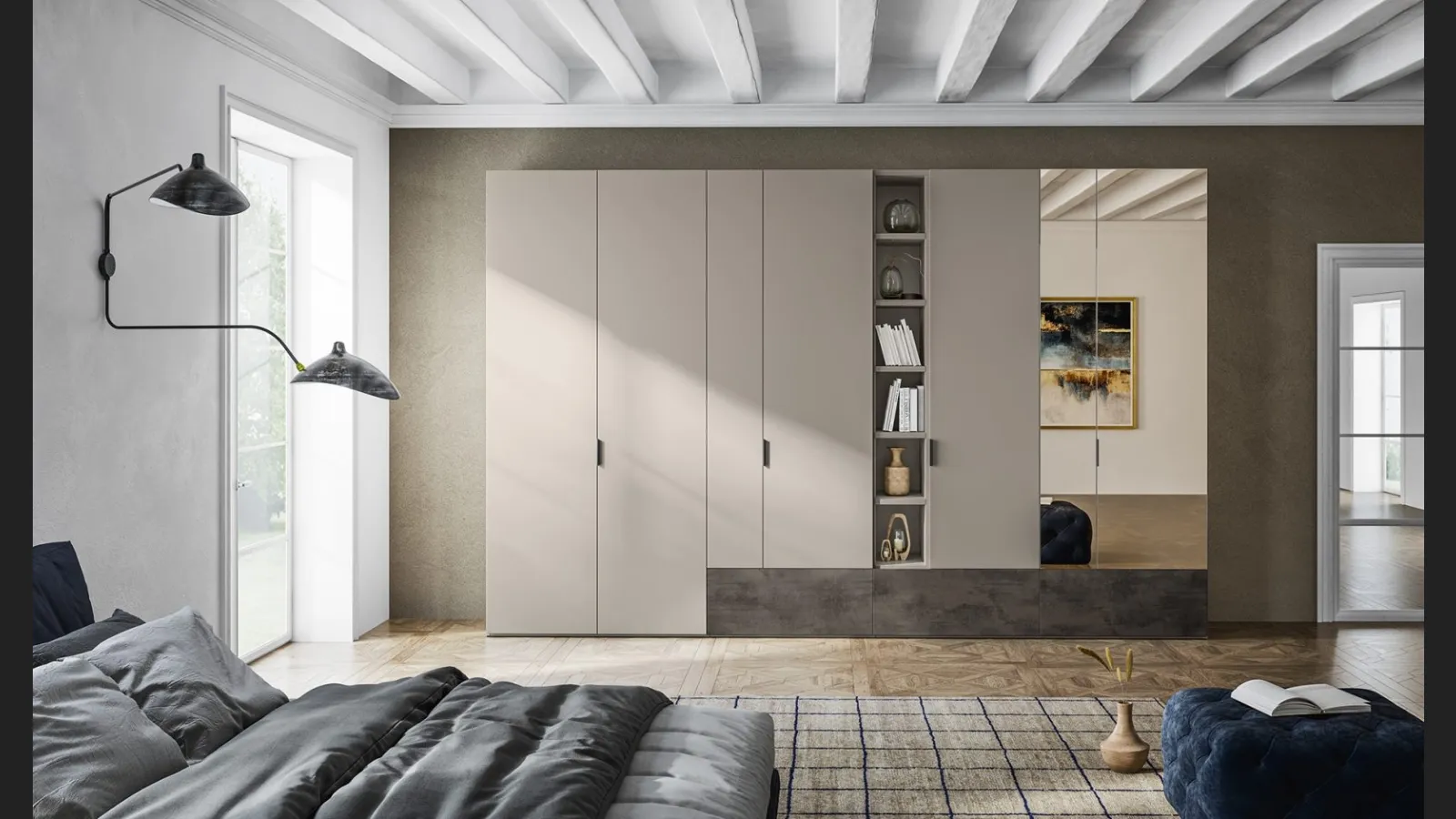 Armadio Battente Virgola ZN08 finitura Nuvola con fascia finitura Pietra e pannello anta a Specchio Bronzato di Marka Total Living