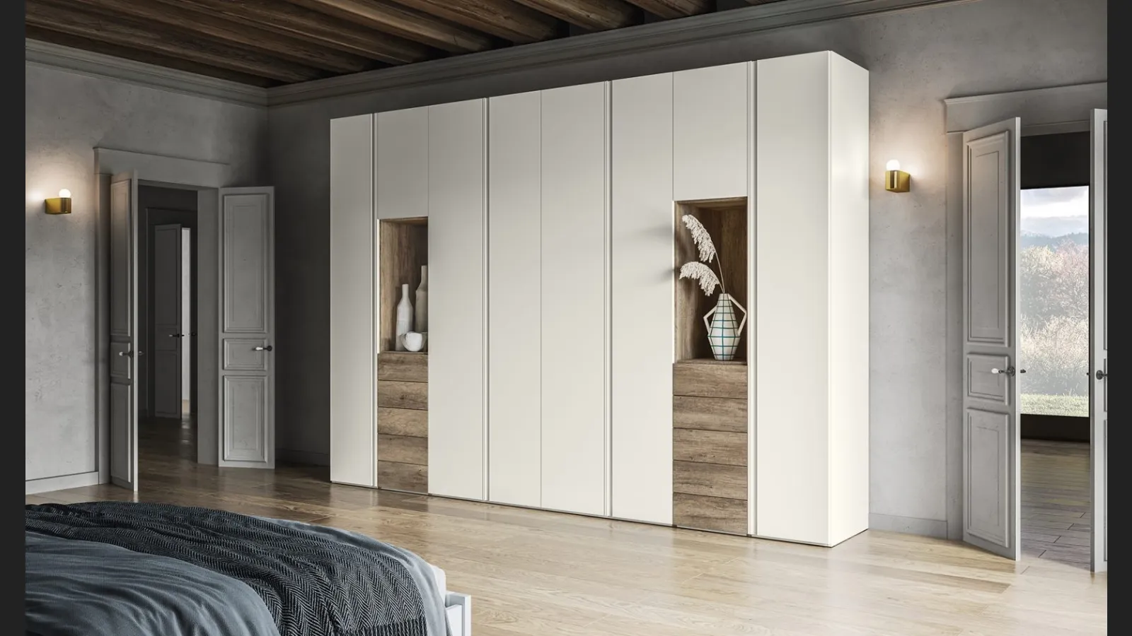 Armadio Battente Gola ZN09 finitura Perla e Rockwood Cannella di Marka Total Living
