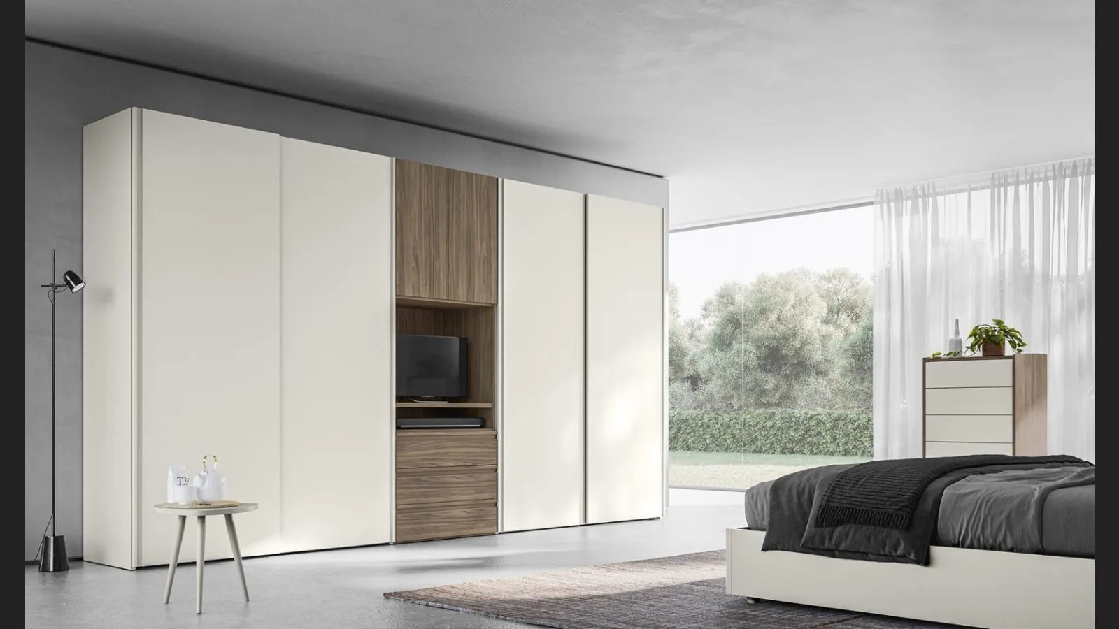 Armadio Scorrevole Happy ZN18 con vano porta TV finitura Perla e Noce di Marka Total Living