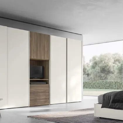 Armadio Scorrevole Happy ZN18 con vano porta TV finitura Perla e Noce di Marka Total Living