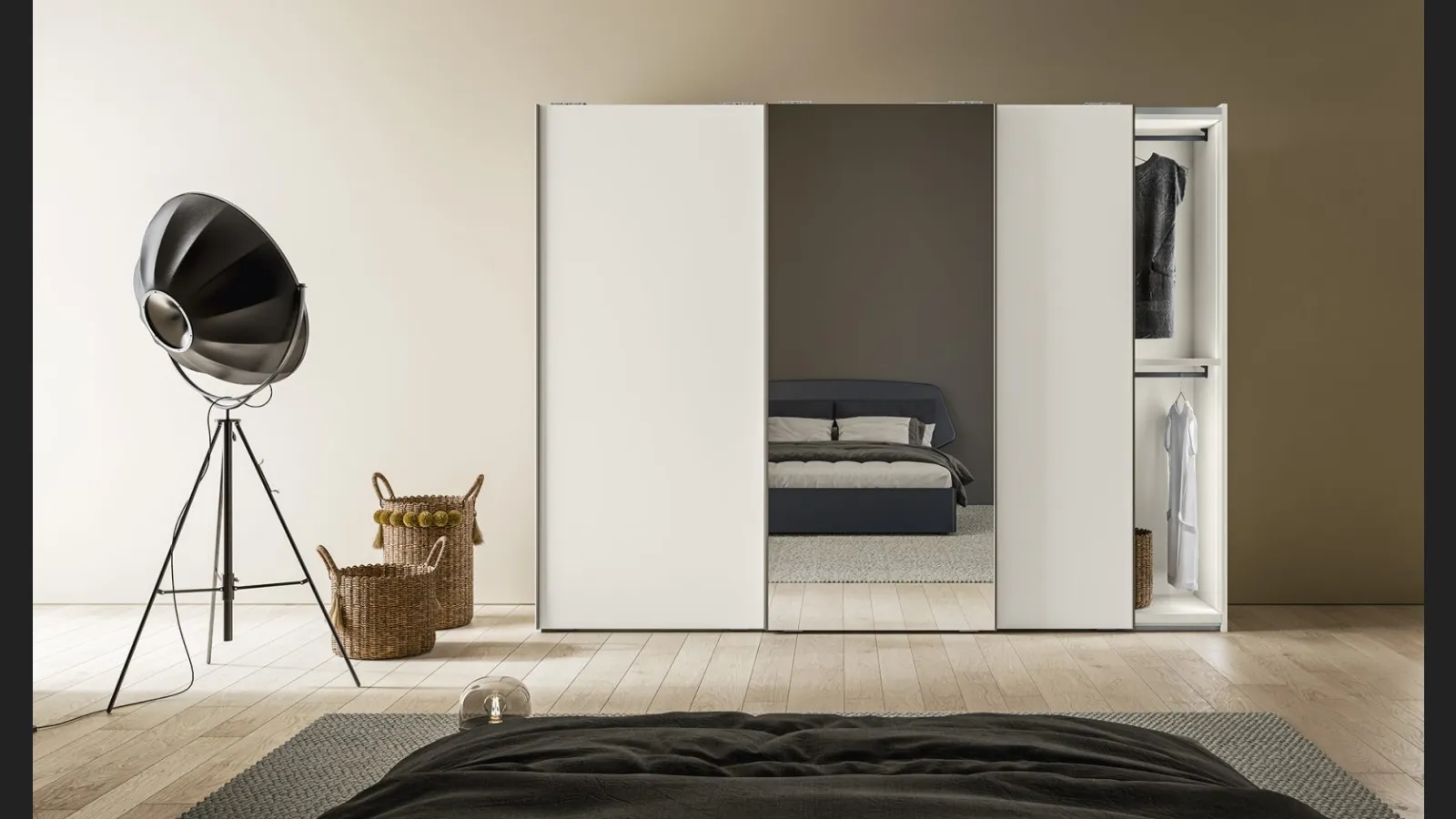 Armadio Scorrevole Logic ZN19 finitura Perla con anta centrale a Specchio argentato di Marka Total Living