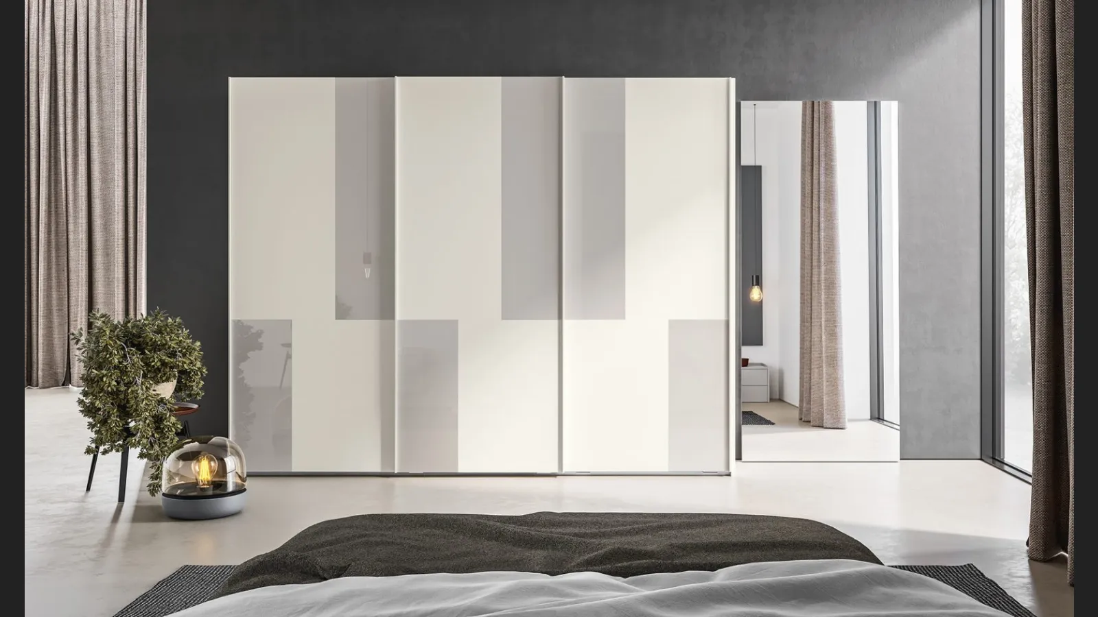 Armadio Scorrevole Logic ZN20 finitura Perla con inserti in retrolaccato metacrilato Nuvola di Marka Total Living