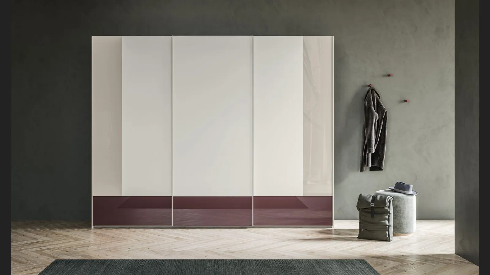 Armadio Scorrevole Logic ZN21 finitura Perla con fasce retrolaccate in metacrilato Nuvola e Tropea di Marka Total Living
