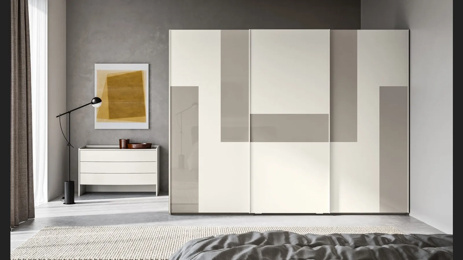 Armadio Scorrevole Logic ZN24 finitura Perla con fasce retrolaccate in metacrilato Nuvola di Marka Total Living