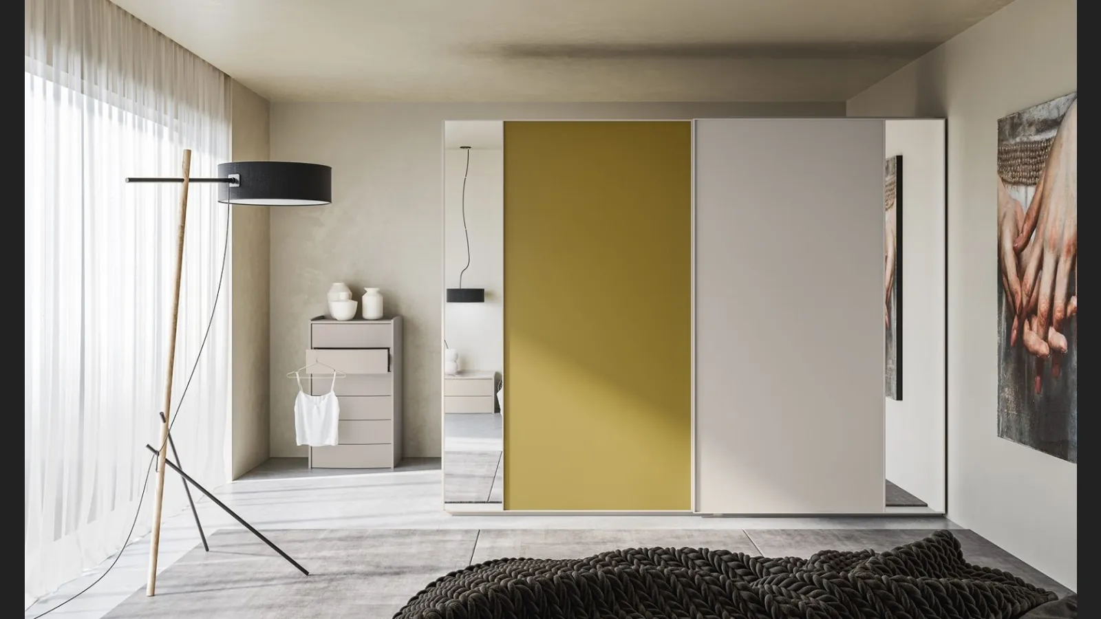 Armadio Scorrevole Elite ZN25 in laccato Verde Senape, finitura Nuvola e Specchio argentato di Marka Total Living