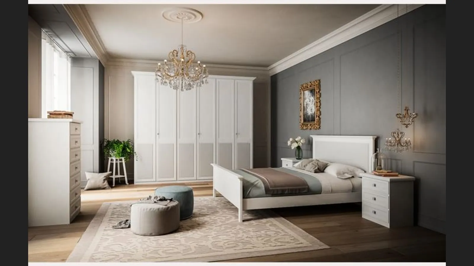 Letto matrimoniale in legno finitura Bianco perla con testiera di Villanova