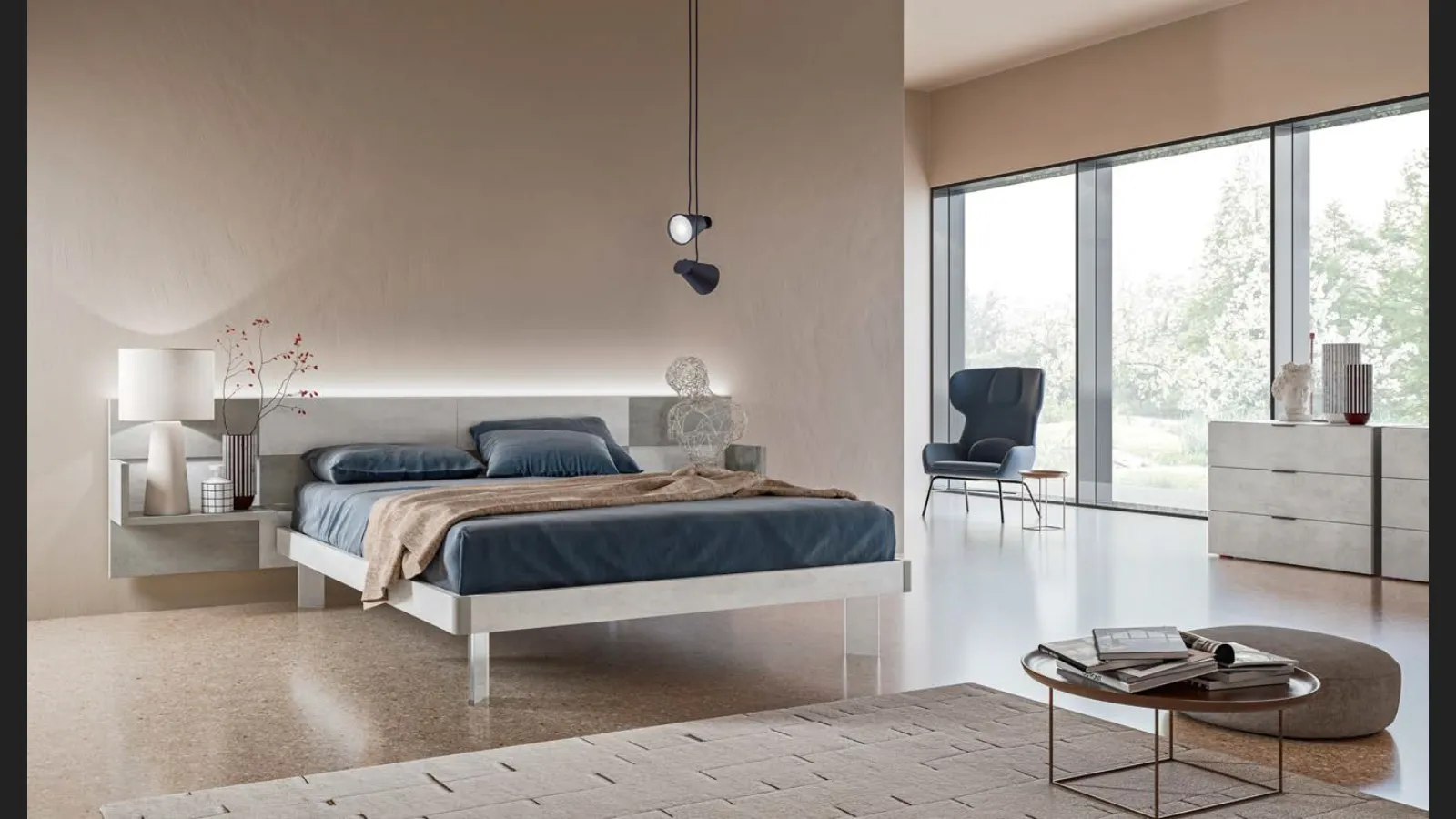 Letto con testiera Puzzle GL01 finitura Calce Bianca e Grigia con piedi in plexiglass di Marka Total Living