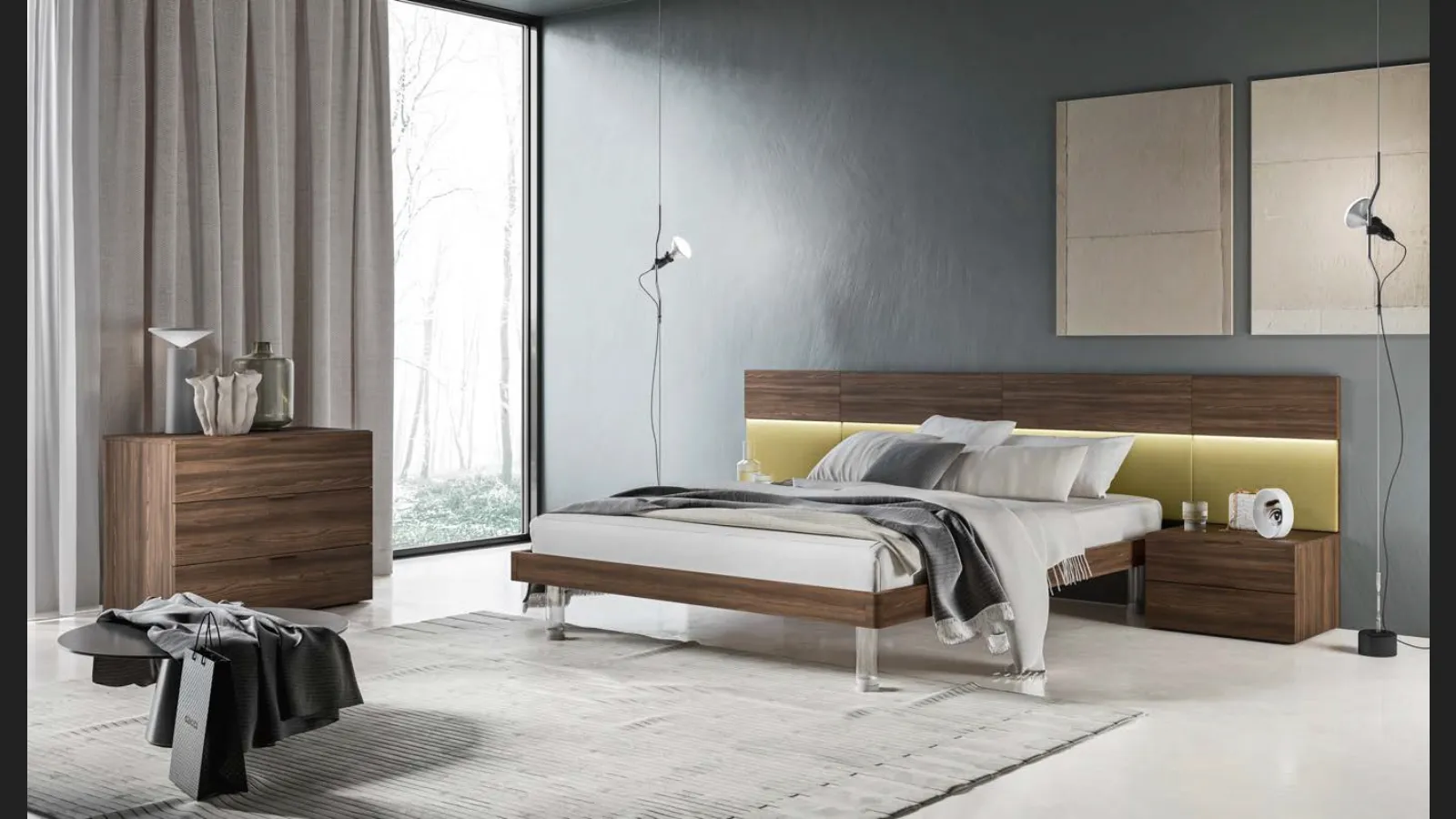 Letto finitura Forestal Dark con piedi in plexiglass e testiera rivestita in tessuto Puzzle GL05 di Marka Total Living