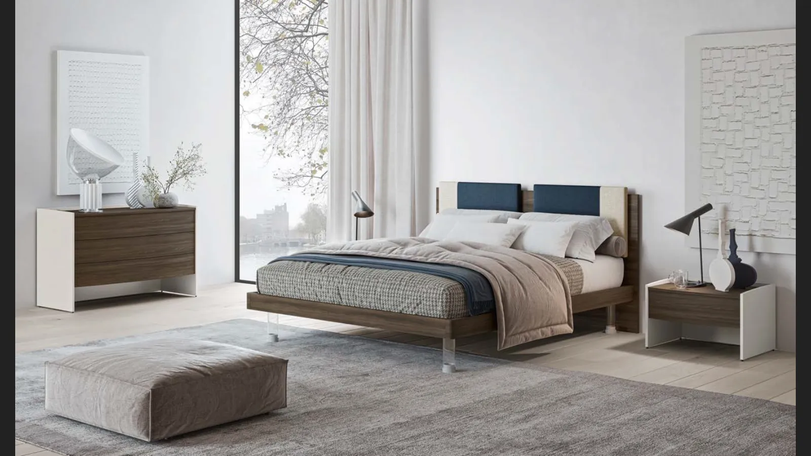 Letto matrimoniale in nobilitato finitura Forestal Dark con testiera rivestita da due cuscini imbottiti in tessuto e piedini trasparenti Ginevra GL14 di Marka Total Living