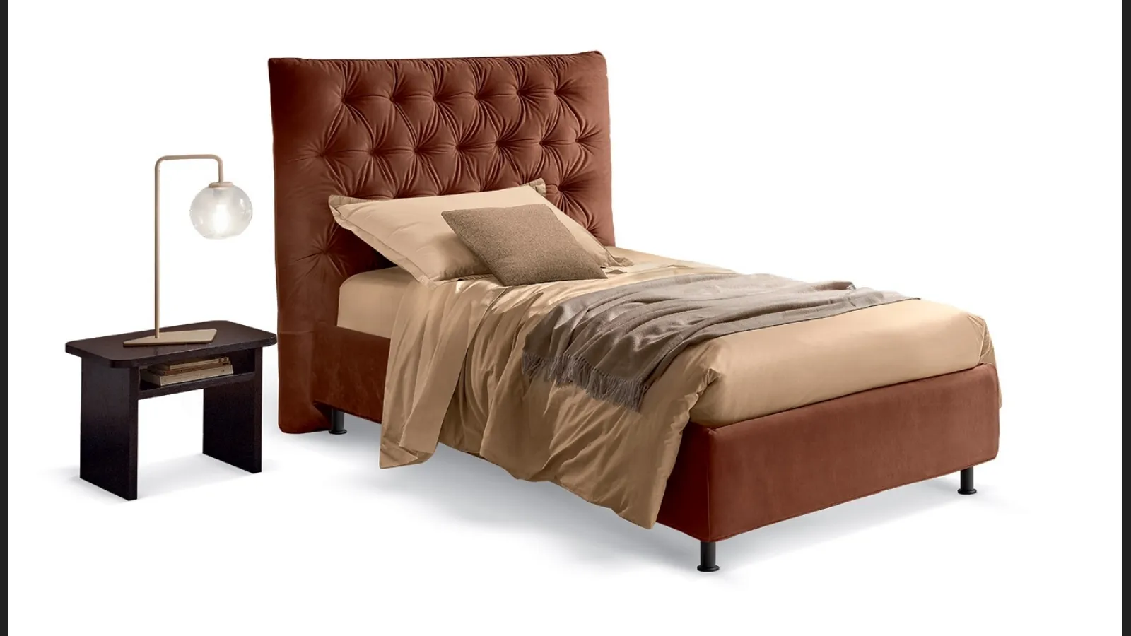Letto singolo classico rivisitato in chiave moderna con testiera decorata con imbottitura capitonné Artemide di Rosini Night