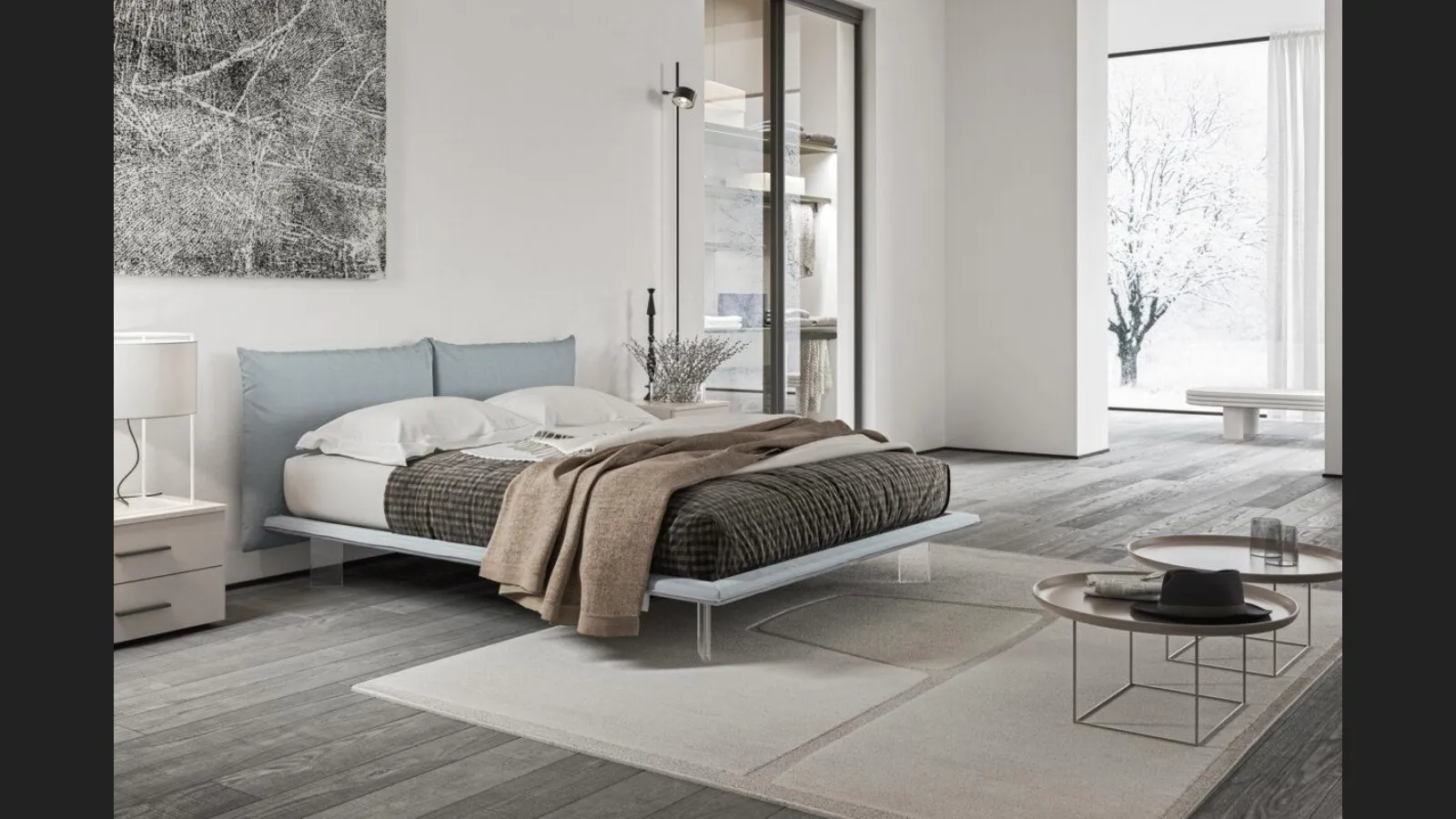 Letto in tessuto con testiera imbottita e piedi trasparenti Tebe GL19 di Marka Total Living