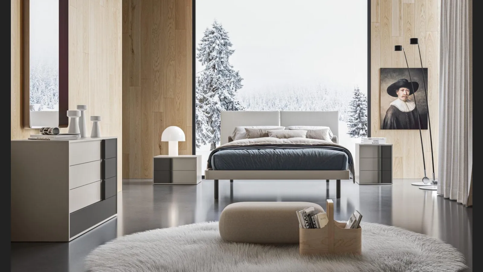 Letto matrimoniale con testiera in tessuto e giroletto in legno finitura Nuvola Vienna GL16 di Marka Total Living