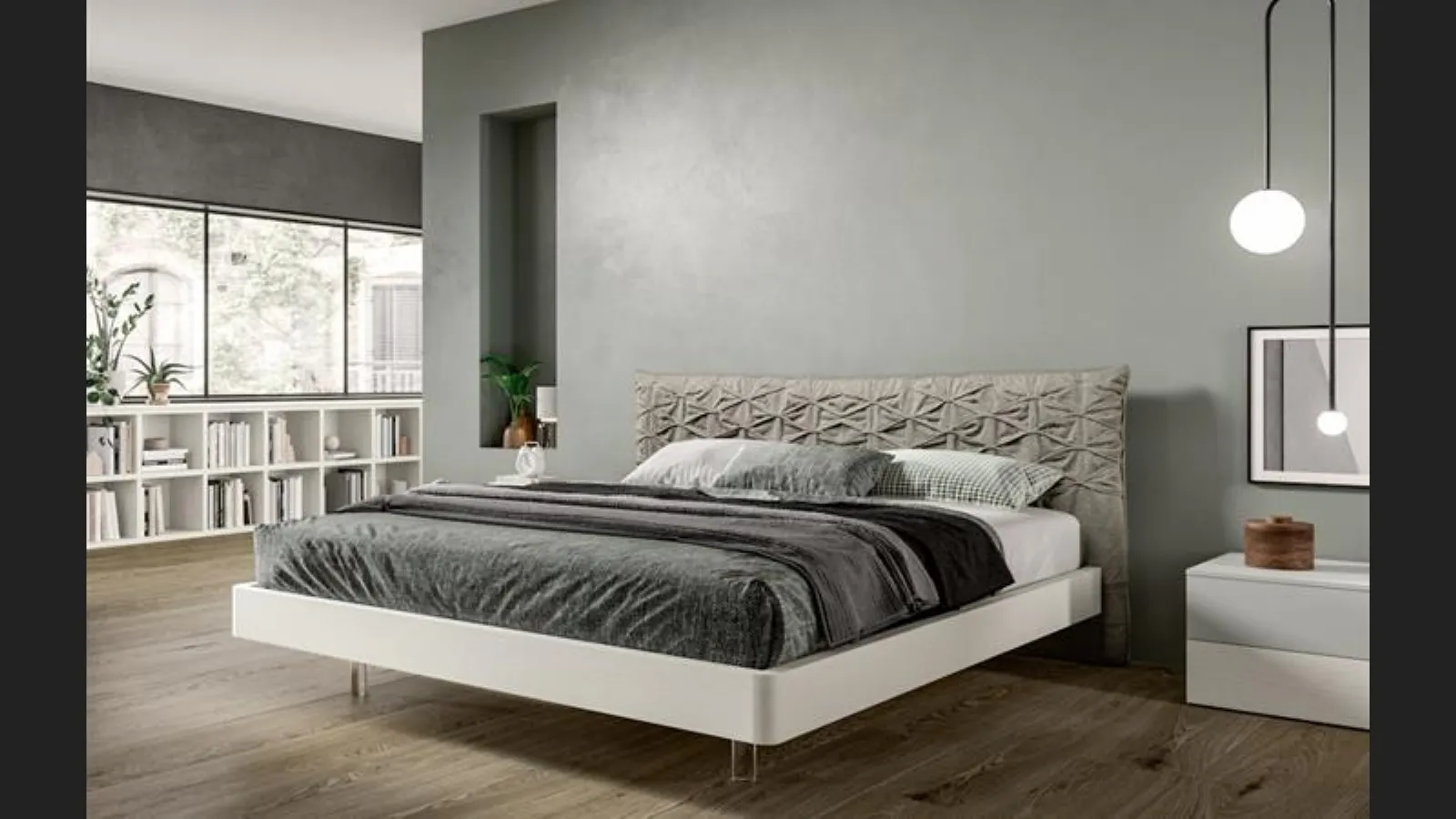 Letto in nobilitato bianco con testiera in tessuto imbottito e trapuntato Ozium di Villanova