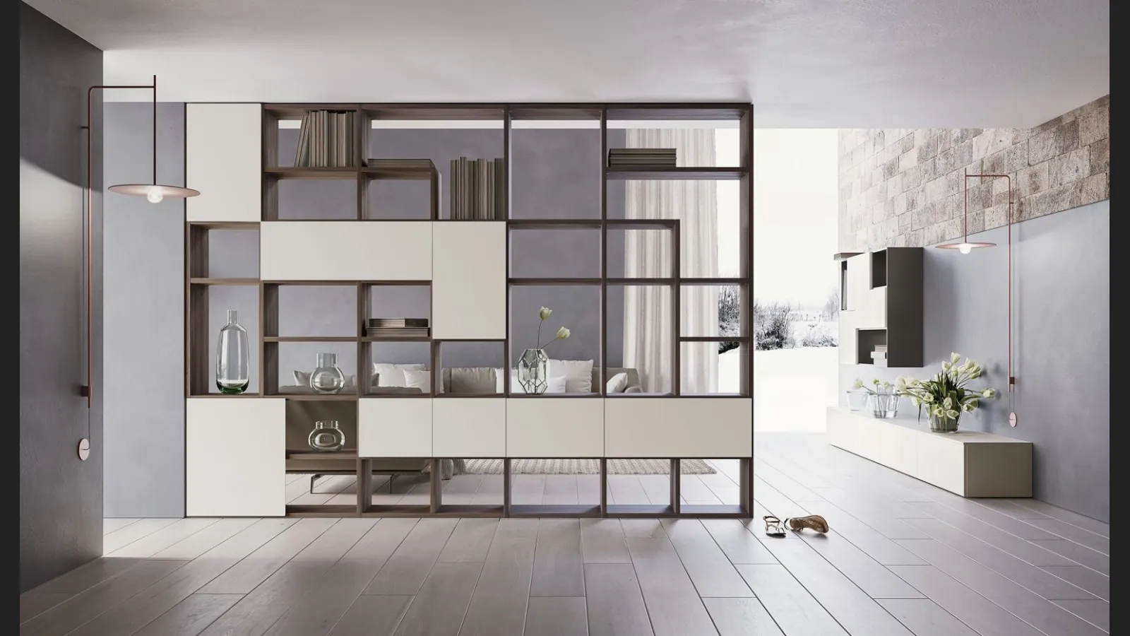 Libreria Composizione Time M03 in melaminico Perla e Forestal Dark di Marka Total Living