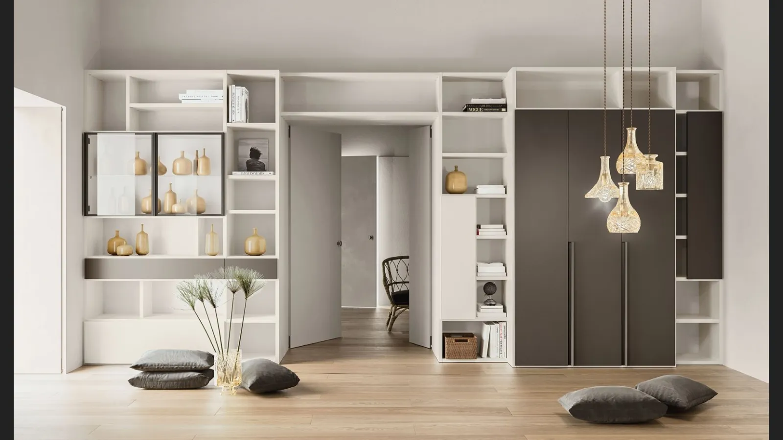 Libreria a muro Composizione Time M09 in melaminico Perla e laccato opaco Bronzo di Marka Total Living