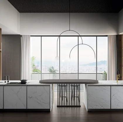 Cucina Moderna in laminam statuarietto con penisola Kronos di Arredo3